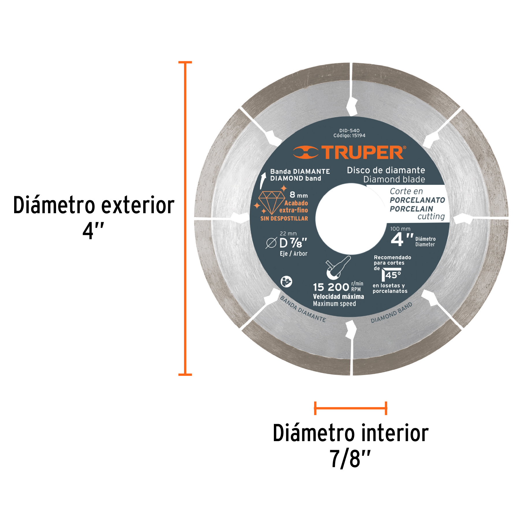DISCO DE DIAMANTE CORTE PORCELANATO 4" TRUPER 15194 - Imagen 3